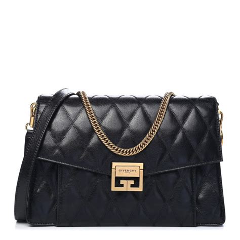 GIVENCHY Goatskin Quilted Medium GV3 Shoulder Bag Black .